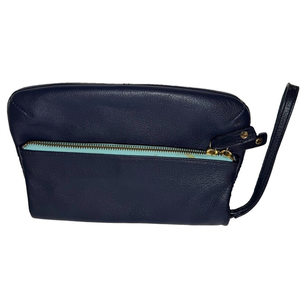 Talbots Navy Pebbled Leather Foldover Clutch Wristlet Gold Tone Zip Purse
